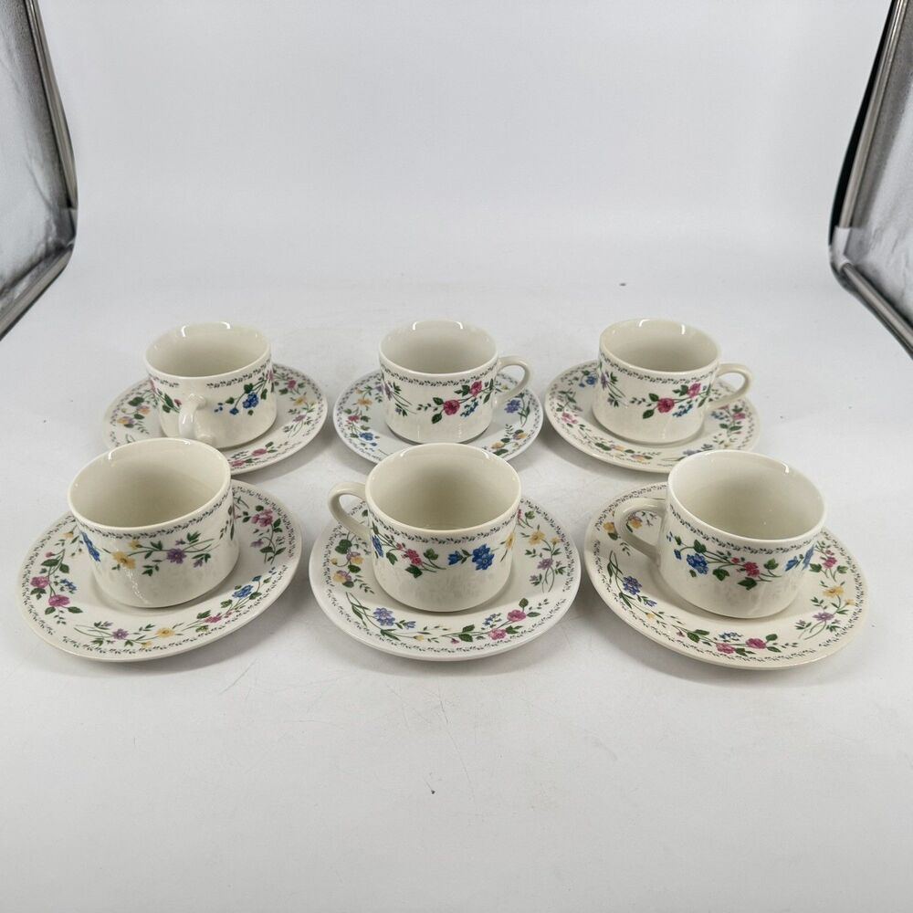 Vintage 1993 Farberware English Garden #225 Set of 6 Cups & Saucers